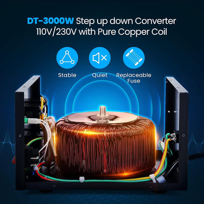 Anbull DT-3000W Voltage Converter Toroidal Transformer, Voltage Converter 110V to 230V, Step up down Converter, plug 230 to 110v, 50-60Hz