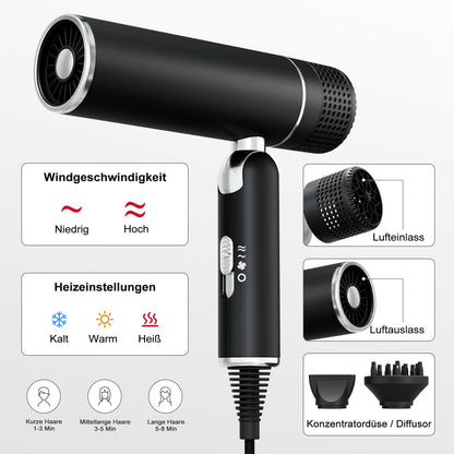 7MAGIC hair dryer with diffuser, foldable travel hair dryer, 30% faster drying, 300 million ions, 99% hair protection, overheating protection, 1600W, ultra-lightweight for all hair types, black.