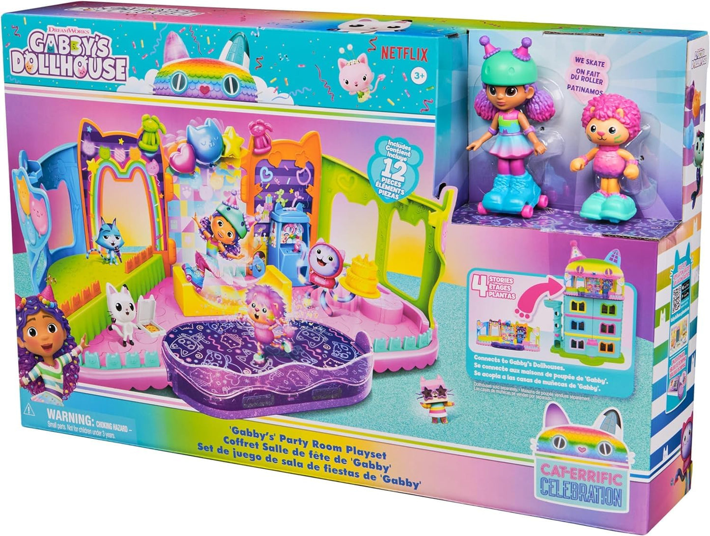 Gabby's Dollhouse, Party Room Playset, Skate Park Attic Room with Gabby and Marty figure, furniture, and accessories, for ages 3 and up.
