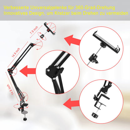 Tablet stand for bed holder - stand holder 360 degree rotatable with stable aluminum arm for iPad, tablets, phones or other devices with 4.5 to 12.9 inch screen.