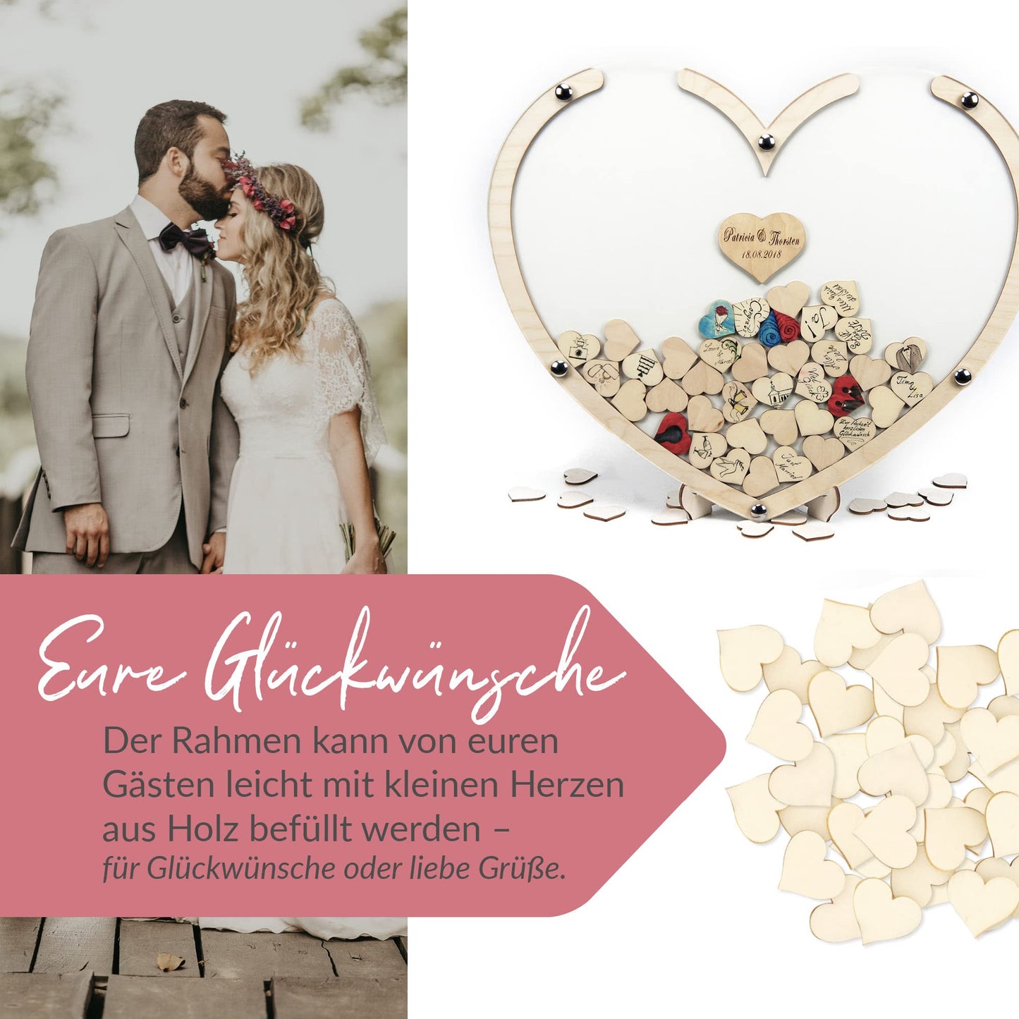 "Wooden heart guest book personalized 50x42x1.5cm | includes 100 hearts for writing | Wedding guest book with acrylic glass | The unique eye-catcher Made in Germany!"