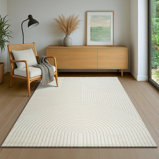 The carpet Everest - modern short pile rug for living room bedroom with high-low effect, 3D effect, high pile density and pleasantly soft, Cream, 200 x 290 cm