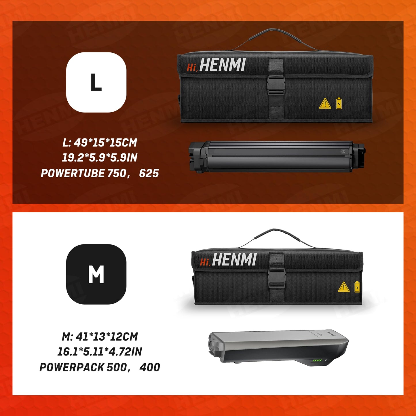 HENMI Ebike battery bag, 1000°C fireproof for safe storage, transportation, charging, 41 x 13 x 12 cm.