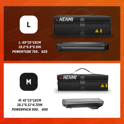 HENMI Ebike battery bag, 1000°C fireproof for safe storage, transportation, charging, 41 x 13 x 12 cm.