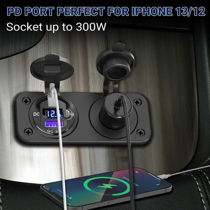 Cigarette Lighter Socket 12V USB Flush Mount Socket: Qidoe Aluminum Alloy 20W PD3.0 Car USB Outlet Waterproof Voltage Monitor 12V Socket 300W 24V Socket QC3.0 for Car Boat RVs