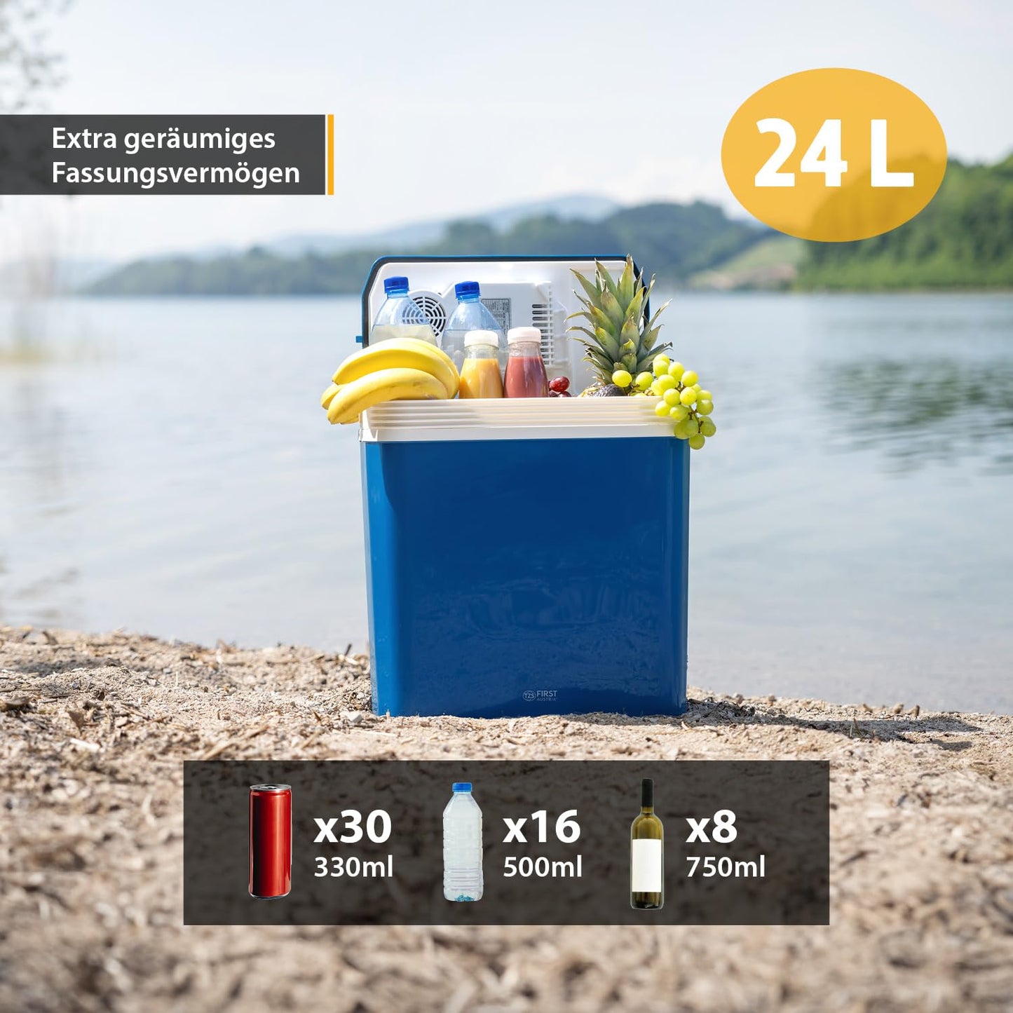 TZS First Austria - Cooler box 24L electric 12V 230V connection for car & power outlet - Thermo-electric Cool Box cools & warms - Mini fridge with handle - For camping, festivals, travel - Blue