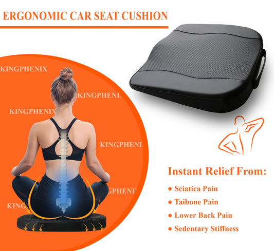 Kingphenix Memory Foam Car Seat Cushion – Increases seat height, relieves back pain – Ideal for car, truck, and office chair (Classic black full leather)
