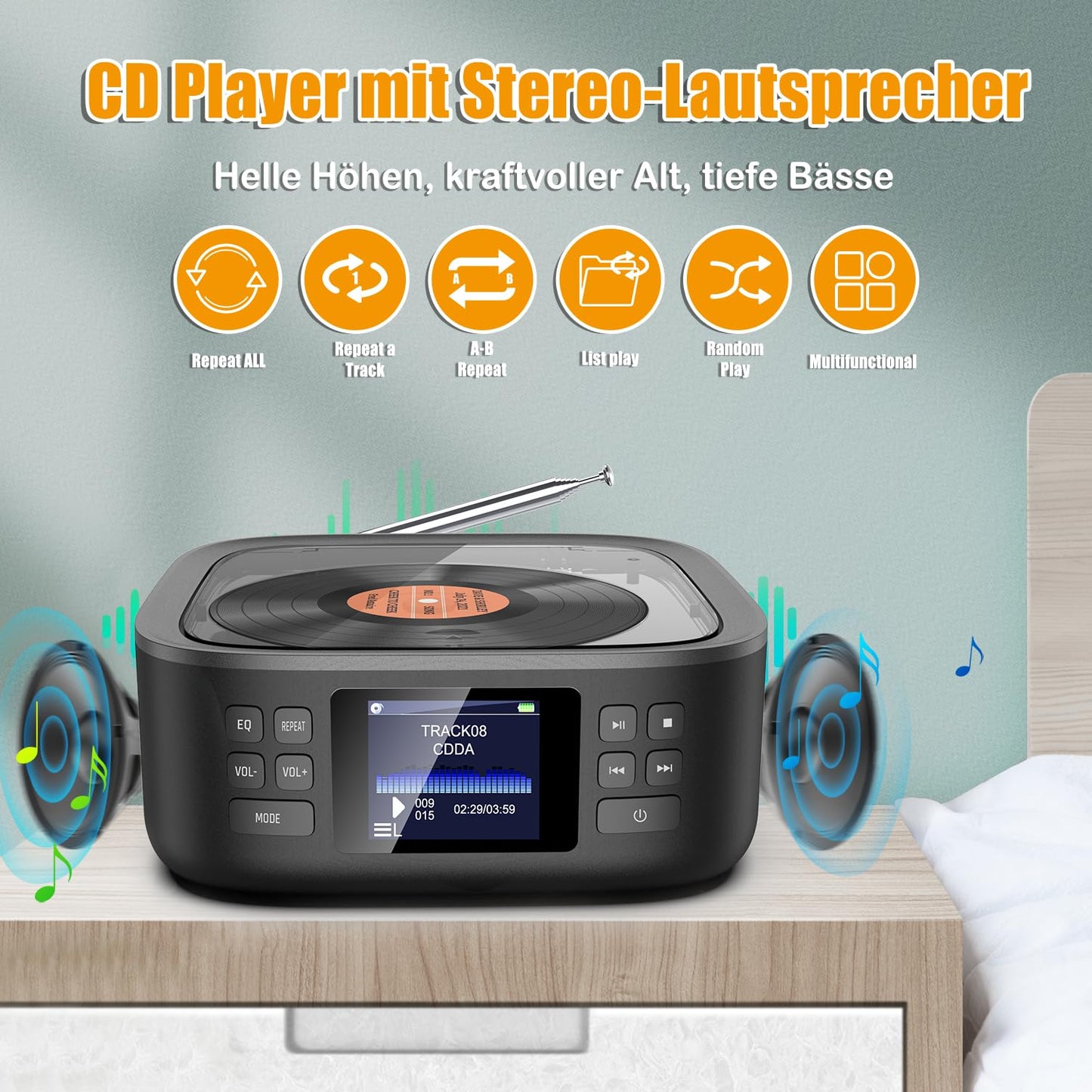 Portable CD player, CCHKFEI Boombox Portable CD player Bluetooth & FM radio with dual stereo speakers support USB/AUX headphone jack Discman Rechargeable CD player Portable.