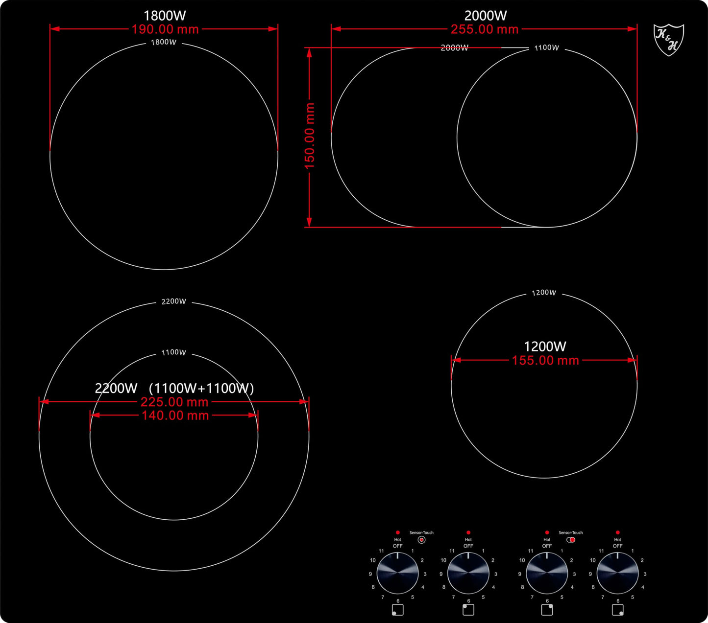 K&H Glass ceramic hob CK-7206K [4 ZONES] - 4 cooking zones with knob control - 4 zone hob Autark - 4 cooking zones - powerful connection - 59CM - 7200 Watt - 11 power levels