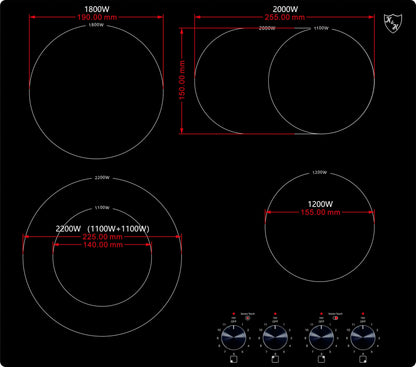 K&H Glass ceramic hob CK-7206K [4 ZONES] - 4 cooking zones with knob control - 4 zone hob Autark - 4 cooking zones - powerful connection - 59CM - 7200 Watt - 11 power levels