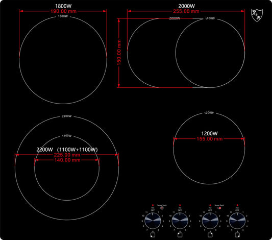 K&H Glass ceramic hob CK-7206K [4 ZONES] - 4 cooking zones with knob control - 4 zone hob Autark - 4 cooking zones - powerful connection - 59CM - 7200 Watt - 11 power levels