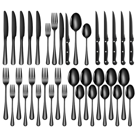 TAN REN Black Cutlery Set for 6 People, 36-Piece Stainless Steel Black Cutlery Set with Steak Knives, Elegant Dining Utensils with Knife Fork Spoon, Tableware for Kitchen/Restaurant