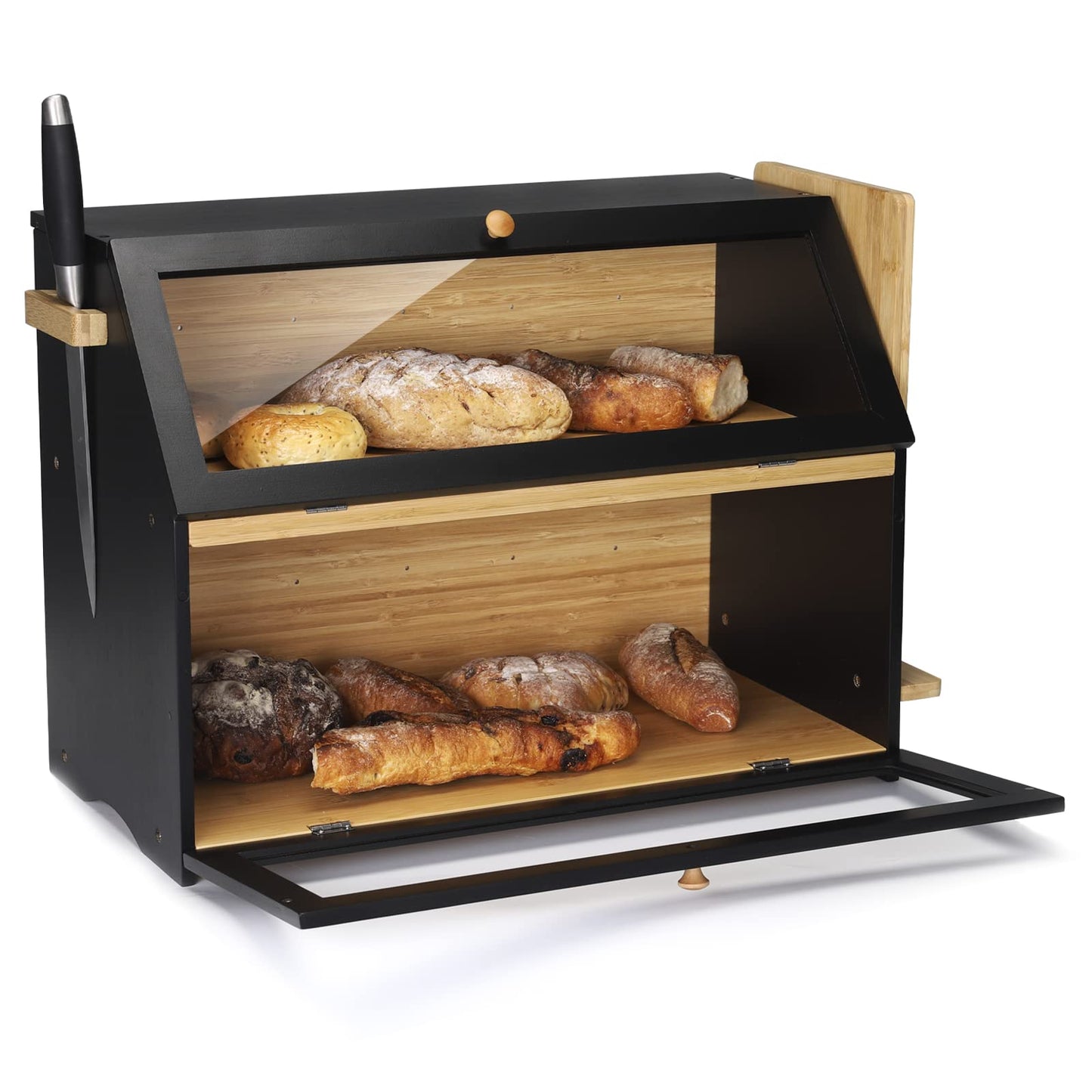 Leader Accessories Bamboo Bread Box 2-Layer Bread Bin with Bread Cutting Board food safe Bread Storage easy to clean 50x25x37cm Black