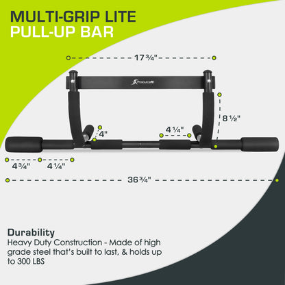 ProsourceFit Multi-Grip Lite Pull Up/Chin Up Bar, a sturdy doorway bar for upper body workouts at home gyms. Adjustable length from 24”-32”.