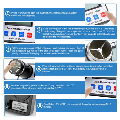 AMTAST Grain Moisture meters for 22 grains: wheat, corn, coffee, cocoa beans, flaxseed, soybeans, rice, almonds, peanuts, parchment coffee, sesame, sorghum, canola, barley.