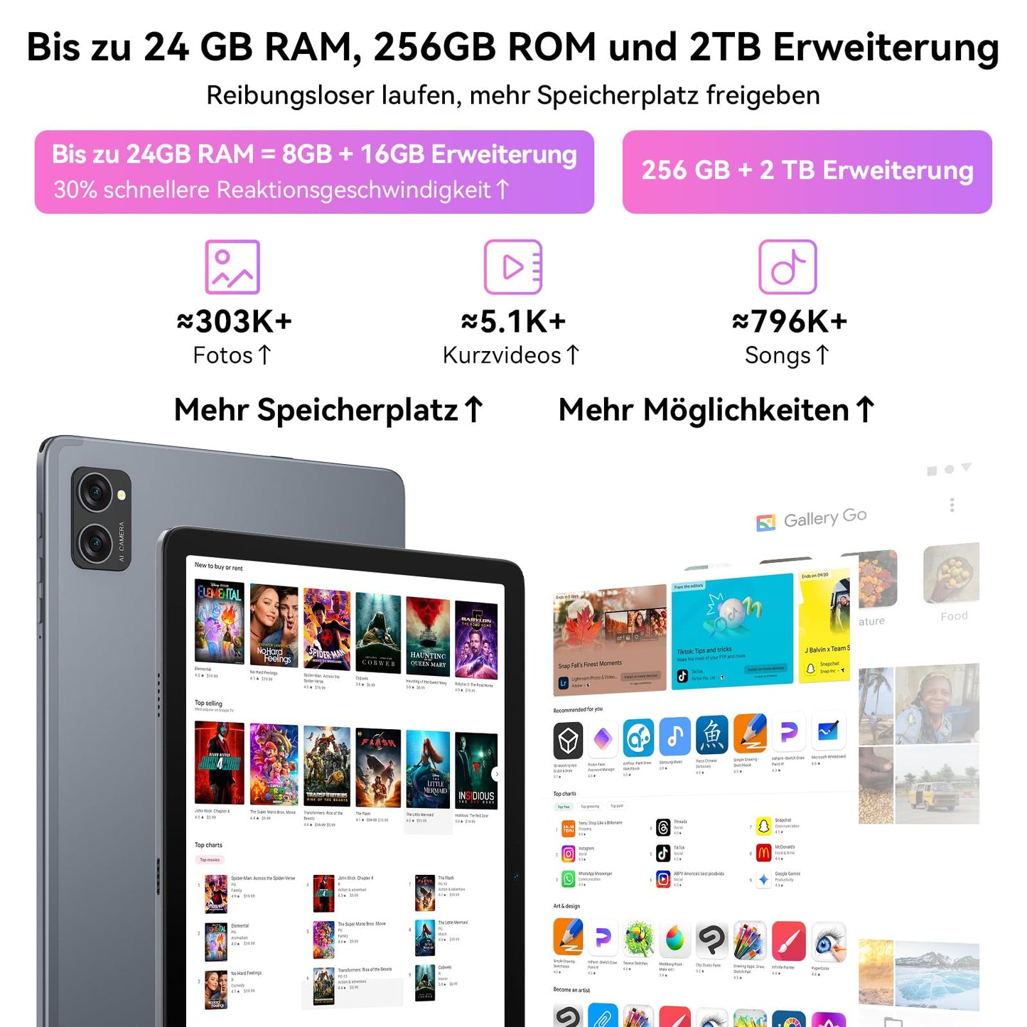 TABWEE T20 10-inch tablet with keyboard - Android 10, 24GB RAM+256GB ROM (expandable to 2TB), Octa-Core, 5000mAh battery, 8MP+5MP cameras, Gemini AI, Widevine L1, 5G WiFi, GPS, Face ID, 2-year warranty.