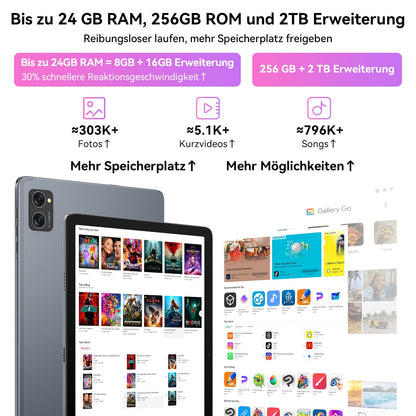 TABWEE T20 10-inch tablet with keyboard - Android 10, 24GB RAM+256GB ROM (expandable to 2TB), Octa-Core, 5000mAh battery, 8MP+5MP cameras, Gemini AI, Widevine L1, 5G WiFi, GPS, Face ID, 2-year warranty.