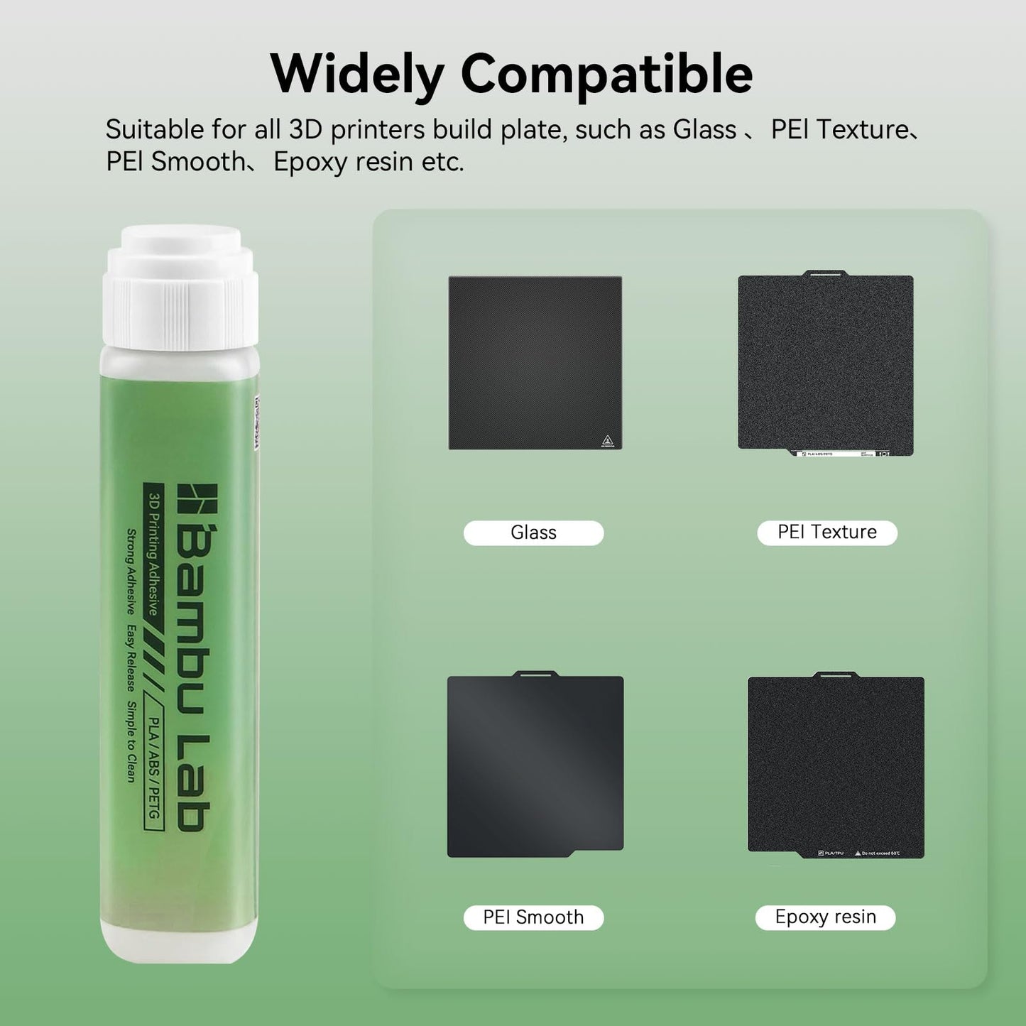 3D printer build plate adhesive compatible with Bambulab A1/A1 Mini/P1/X1 3D printers. Strong adhesive for heatbed PEI steel plate. Adheres PLA/ABS/PETG/PC/PA/TPU filaments. 60ML.