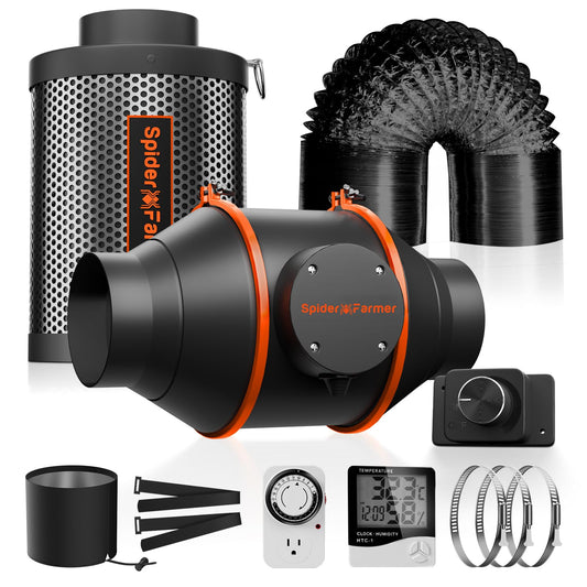 Spider Farmer Exhaust Set 100mm/4 Inch duct fan with RJ12 speed controller, activated carbon filter exhaust ventilation set, 27W grow ventilation kit, 205 CFM ventilation system for grow tent, grow box, garage.