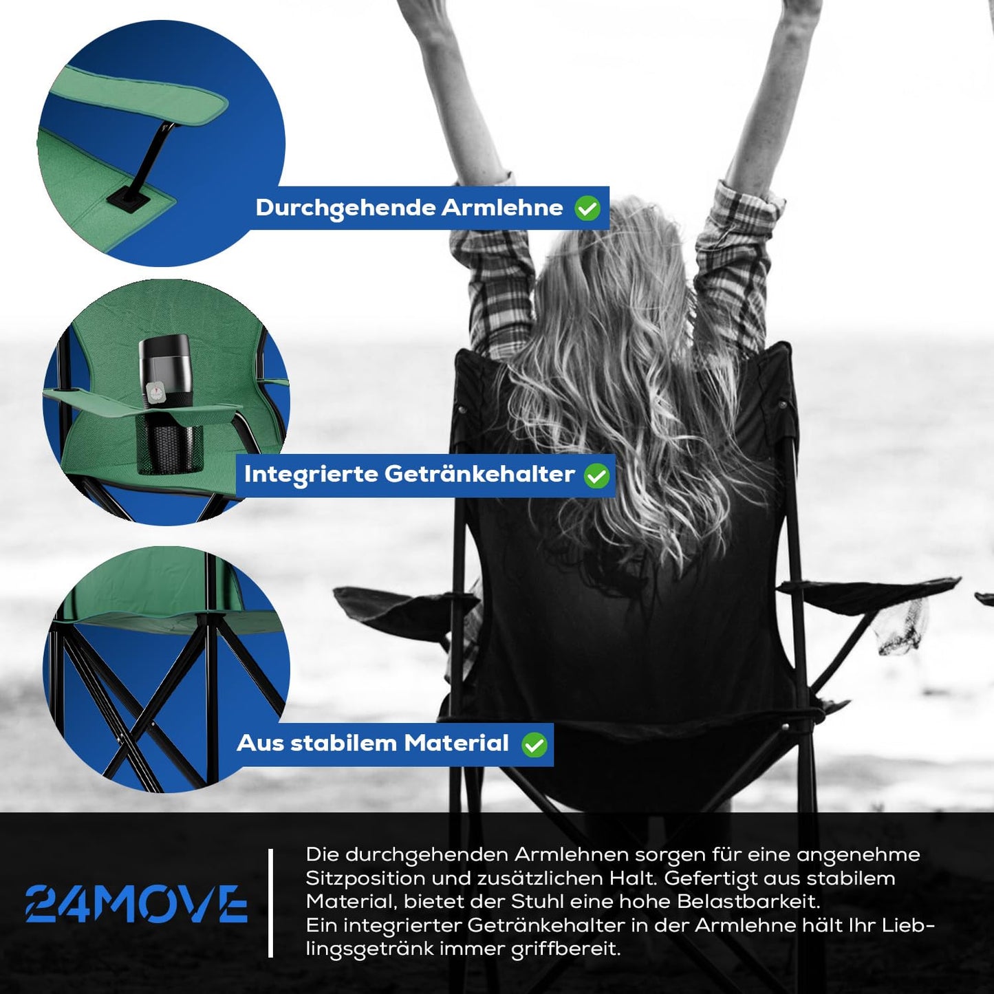 24MOVE® folding chair green camping chair with drink holder - foldable fishing chair - folding garden chair lounge chair camping chair, polyester, for outdoors or indoors