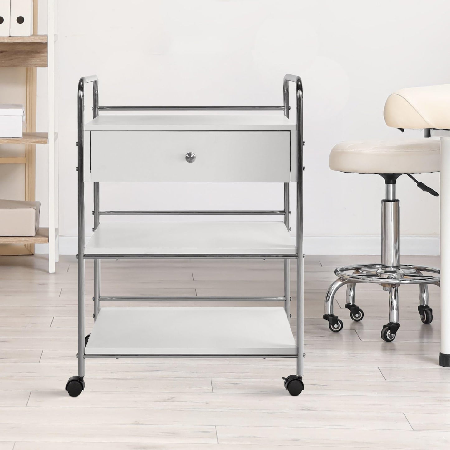 CLP rolling trolley PL912 I utility cart on wheels I cosmetics trolley with drawer and THREE shelves I multi-purpose trolley, color: white
