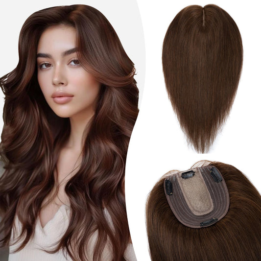 Silk-co Hair Topper made of real hair, 10x12cm base for women, hair topper with Remy silk base, clip-in hairpiece extensions, 45cm04# medium brown.