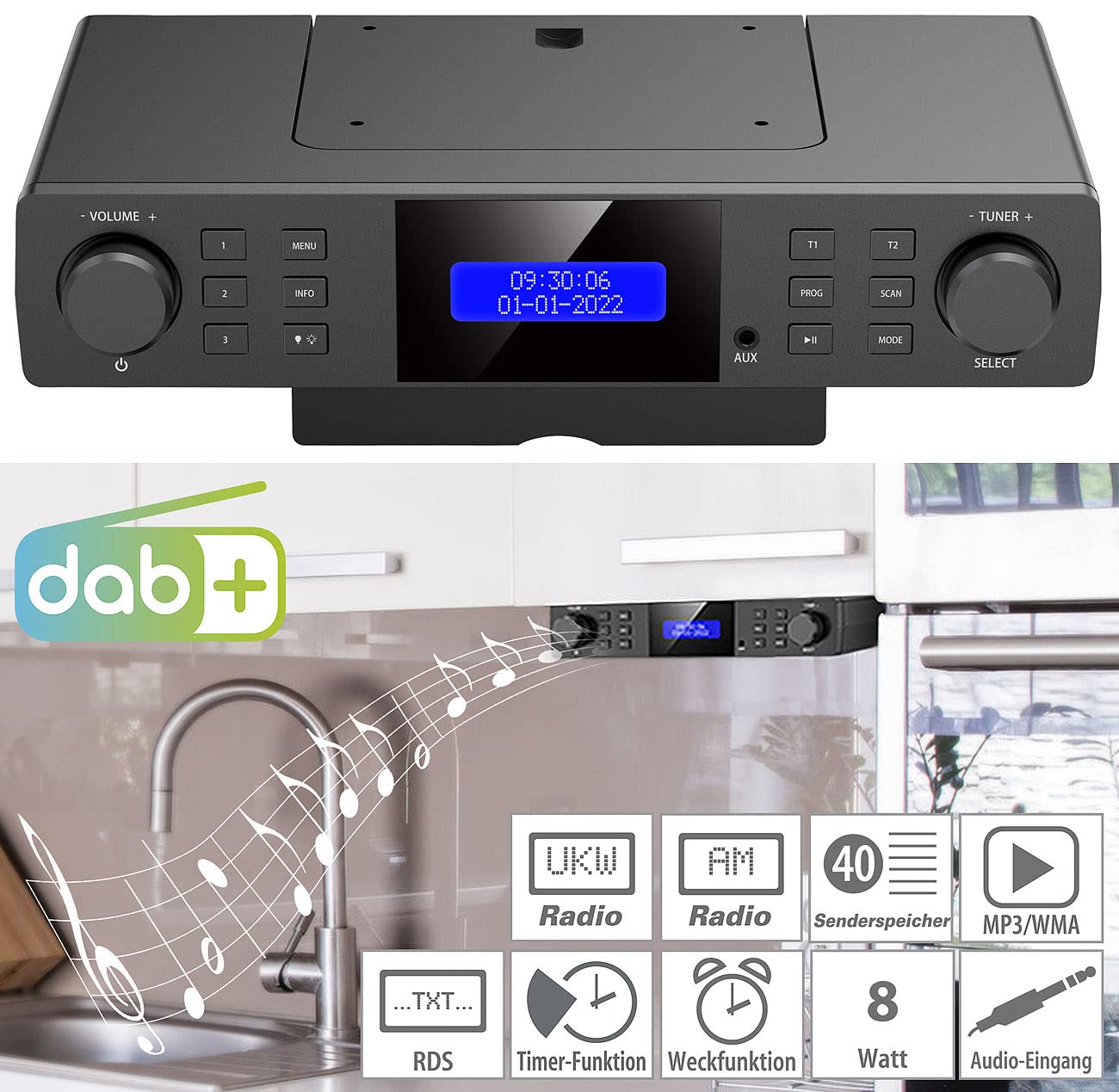 VR-Radio under-cabinet radio: Under-cabinet kitchen radio DAB+/FM, RDS, alarm clock, timer, LCD display, AUX (DAB under-cabinet radio, radio under-cabinet, bathroom)
