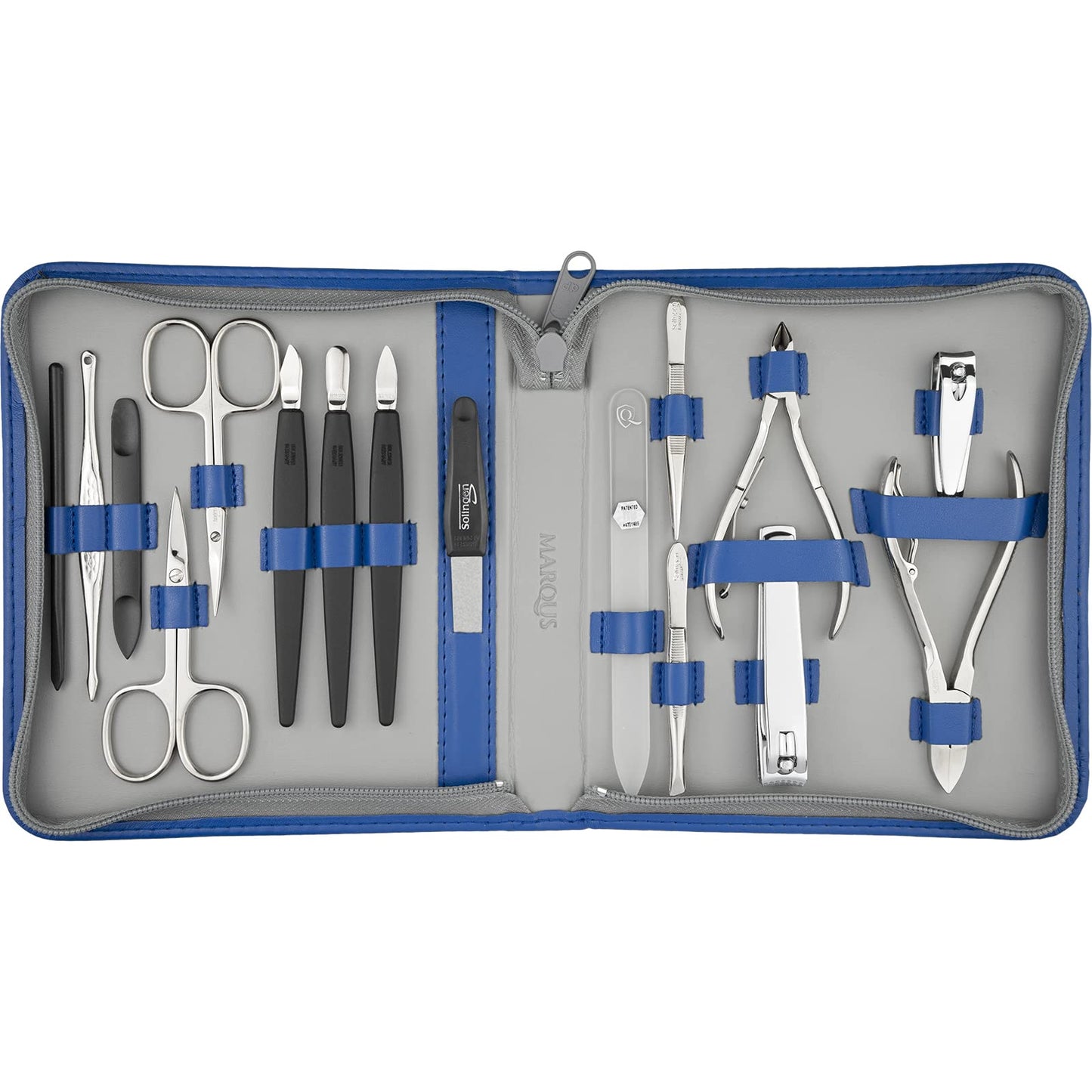 marQus Solingen Manicure Set - 16 pieces in faux leather case, handy and soft - Complete kit for nail care with everything for hand and foot care, Blue