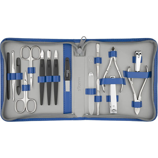 marQus Solingen Manicure Set - 16 pieces in faux leather case, handy and soft - Complete kit for nail care with everything for hand and foot care, Blue
