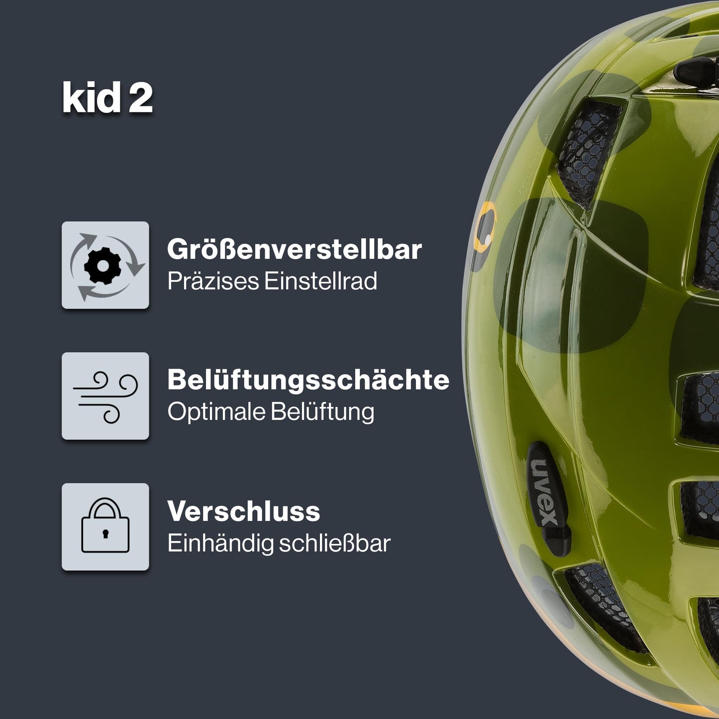 uvex Kid 2 - Lightweight bike helmet for kids - adjustable size - expandable with LED light - Dino design - 46-52 cm