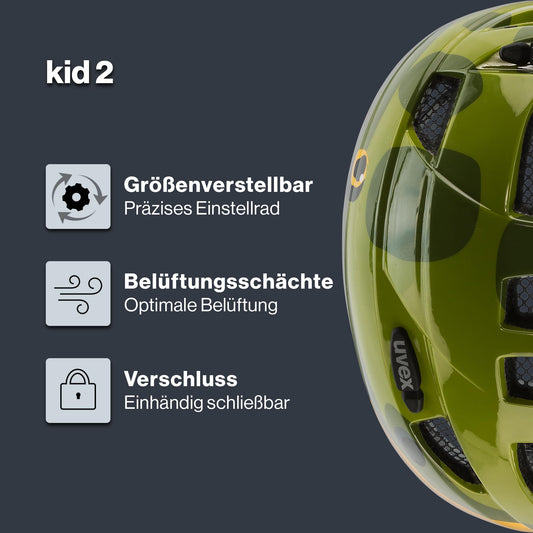 uvex Kid 2 - Lightweight bike helmet for kids - adjustable size - expandable with LED light - Dino design - 46-52 cm
