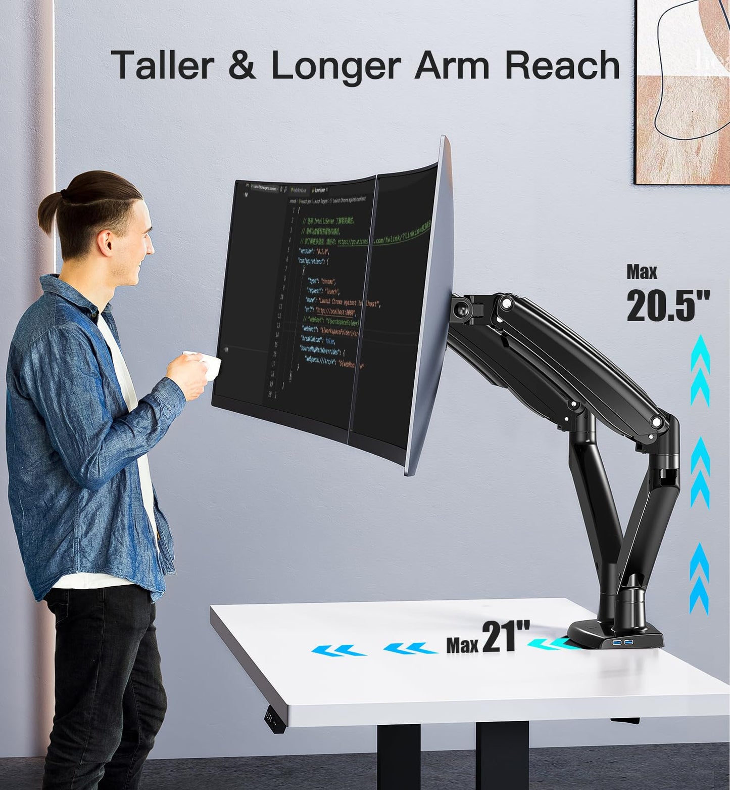 HUANUO dual monitor mount for 13-40 inch screens, with gas spring arms, VESA 75 & 100mm, C-clamp and grommet base, supports 2-12kg.
