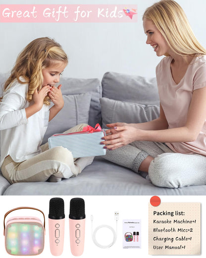 Karaoke machine with 2 wireless microphones, portable Bluetooth karaoke machine for kids adults with voice changing effects LED lights boys girls gifts home party (pink)