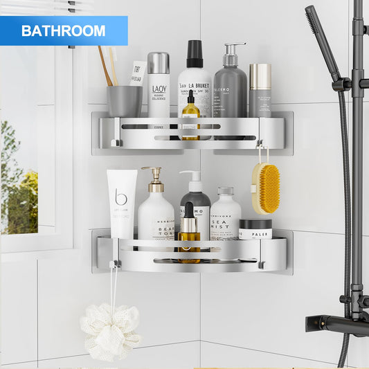 PNNP Shower Caddy Without Drilling Corner: Shower Shelf Stainless Steel 2 Pieces Shower Basket Self-Adhesive With 4 Hooks Bathroom Shelf for shower storage Shampoo and Shower Gel (Silver)