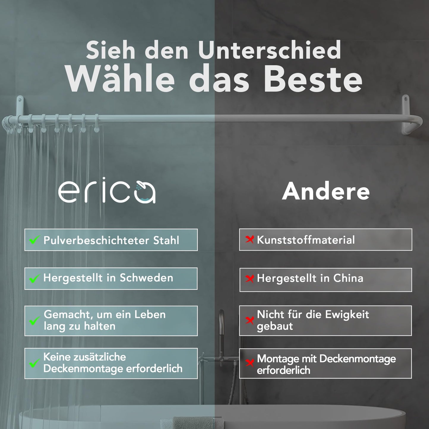 Erica Shower Curtain Rod L-shaped & U-shaped - 4-in-1 shower curtain rod for bathtub or shower - Corner shower rod - Steel with powder coating - Without ceiling mounting - White