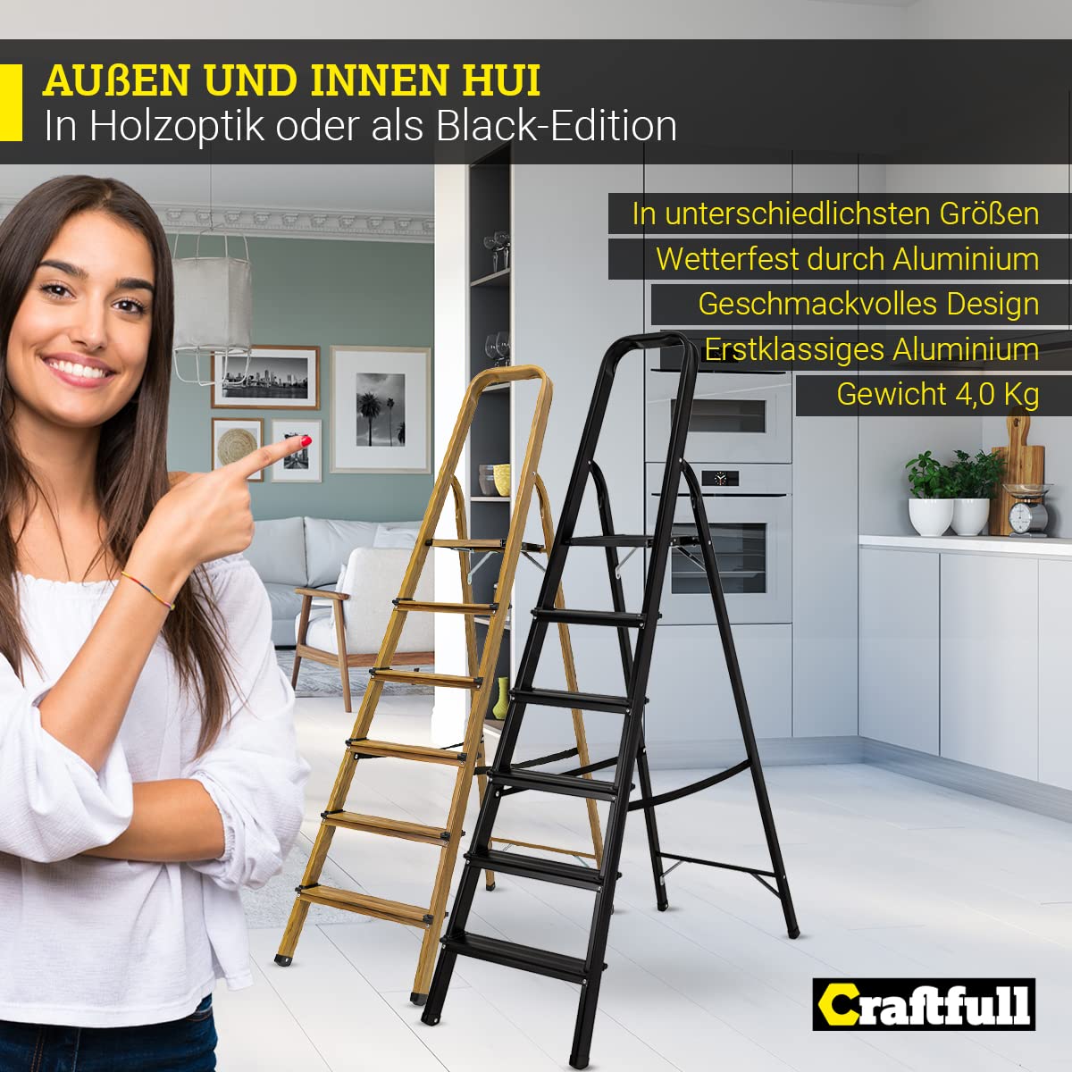 CRAFTFULL Step ladder CF-133A | 3-STEP VARIANT - 2-6 step ladder - Folding step stool - Stair ladder - Folding ladder - Household ladder - Standing ladder (6 steps Black Edition)