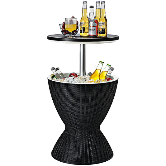GIANTEX Cooler/ Side Table made of polyrattan, 30 L capacity Cool Stool in rattan look, cooler with lid & drainage hole, adjustable height garden table (Black)