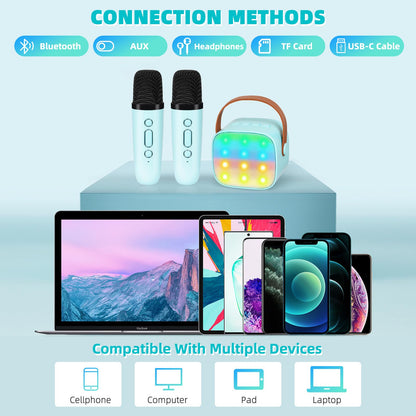 Karaoke machine for kids, mini karaoke system with 2 microphones, portable Bluetooth speaker with voice effects & LED lights, gifts toy for 3-12 year old girls and boys.