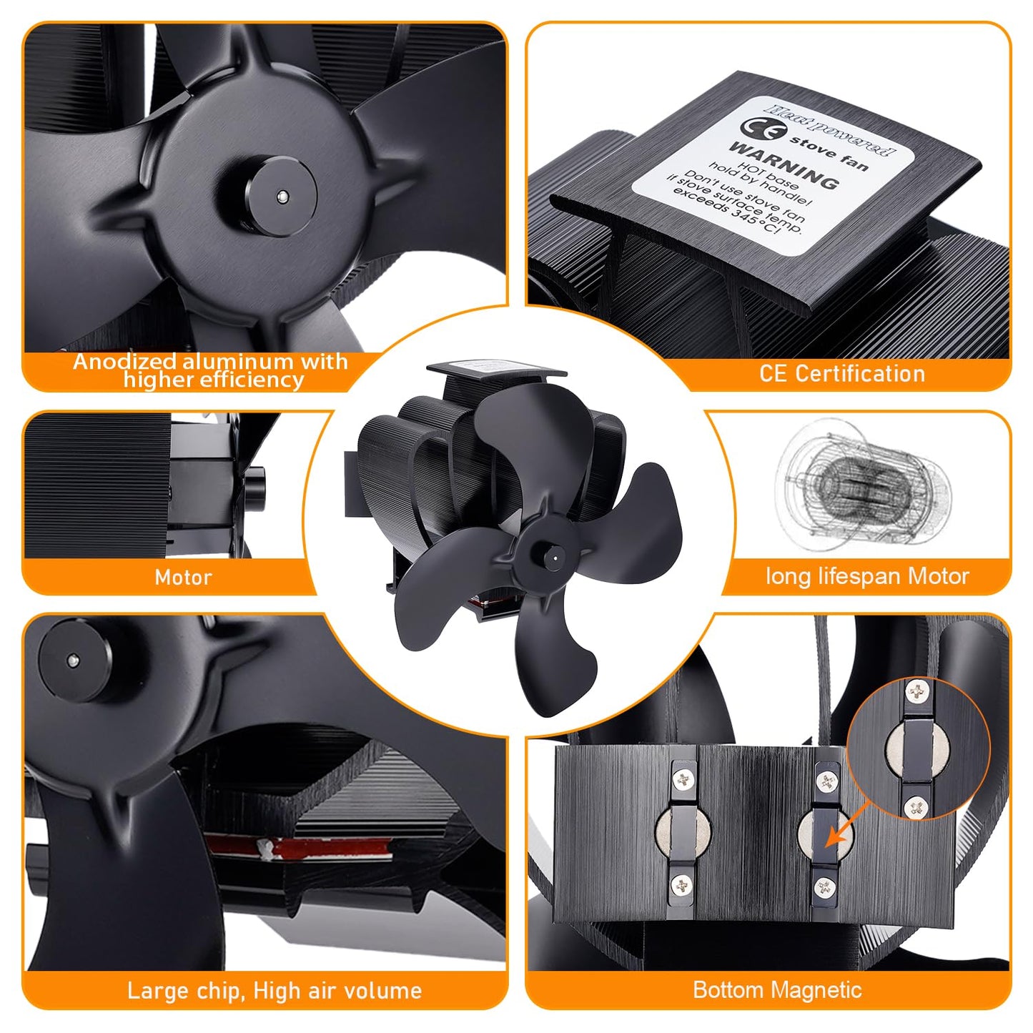 4 Sheets Fireplace Fan with Clamp, Stove Fan environmentally friendly on the chimney, Fan for fireplace for wood stove/firewood/fireplace/stove pipe