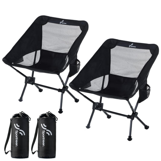 Sportneer folding camping chair, 6.6cm extendable, portable and lightweight with a weight capacity of 150kg. Small kids' foldable chair, perfect for picnics and outdoor activities. Color: black. Quantity: 2.
