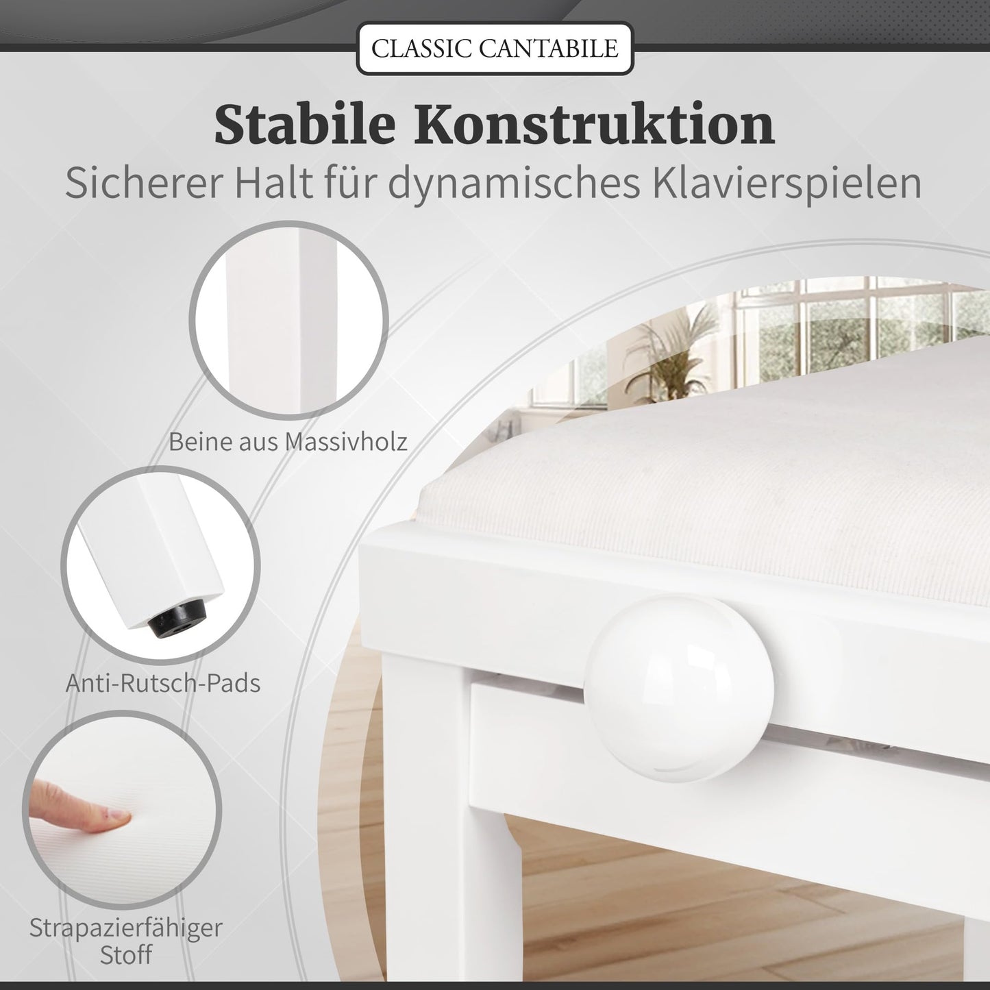Classic Cantabile Piano Bench White High Gloss - Adjustable height from 47-56cm - Piano stool with spindle mechanism - Piano bench seat 55 x 32cm - White piano chair with velour cover, stable