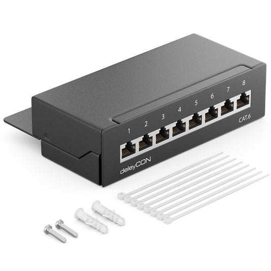 deleyCON CAT 6 Patch Panel Distribution Panel 8 Port - Desktop & Wall Mount - Shielded - 8x RJ45 Socket - TIA568A TIA568B Black