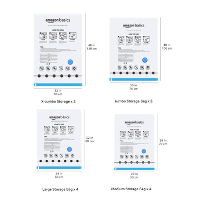 Amazon Basics Vacuum Bags for Clothes with Airtight Valve and Hand Pump - 2 x X-Jumbo, 5 x Jumbo, 4 x Large, 4 x Medium, 15-Pack, 15 pieces, 1-Pack, Zipper, Transparent