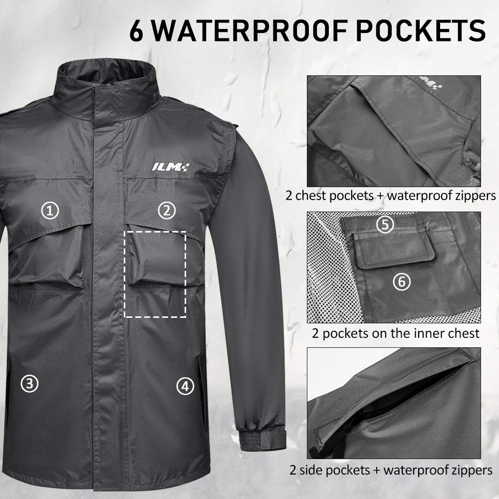 ILM Motorcycle Rain Suit Men Waterproof Rain Jacket Abrasion Resistant, 6 Pockets, 2-Piece Set with Jacket and Pants.
