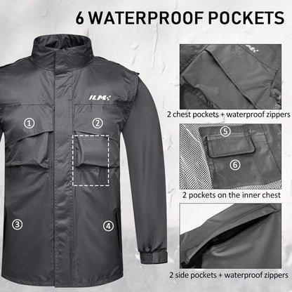 ILM Motorcycle Rain Suit Men Waterproof Rain Jacket Abrasion Resistant, 6 Pockets, 2-Piece Set with Jacket and Pants.