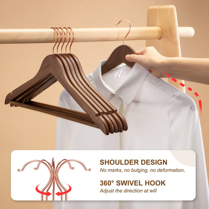 HOUSE DAY Wooden Hangers, 20 Pack Wood Clothes Hangers, Walnut Hangers for Suits, 360° Rotating Hook in Rose Gold, Non-Slip, Shoulder Notches.