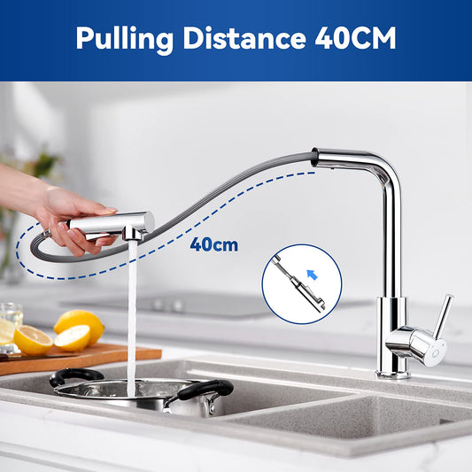 Pull-Out Kitchen Faucet, CECIPA High Pressure Kitchen Tap with Sprayer, Kitchen Mixer Tap with 2 Spray Modes, Single Lever Sink Mixer Stainless Steel Brushed, 360° Rotatable, Chrome