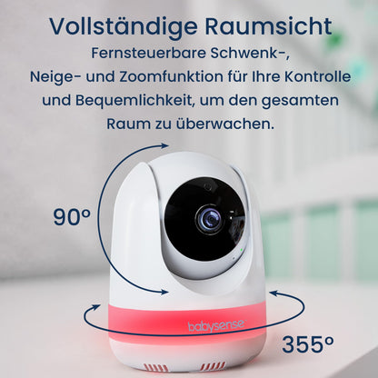 Babysense video baby monitor with camera, No Wi-Fi, 5.5-inch 1080p Full HD display, 6-color night light, 300m range, Two-way audio, 4X zoom, 5000mAh battery.