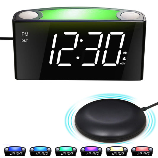 Alarm clock with vibration for deep sleepers & hearing impaired, Type C charger, 12/24 H, loud alarm with 7 ear-piercing levels, large LED display, dimmer, snooze, battery backup, digital alarm clock for bedroom.