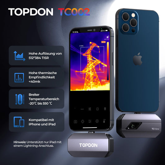 TOPDON TC002 thermal imaging camera for iOS, 512x384 super resolution, 40mK thermal sensitivity, -20℃ to 550℃, 3 temperature measurements & 11 color palettes, 256x192 IR resolution thermal cameras for iPhone & iPad
